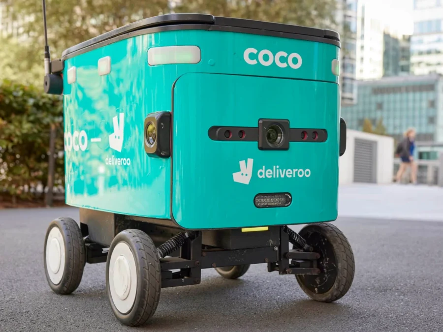 Coco delivery robot with Deliveroo branding — UK partnership press photograph