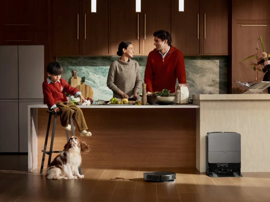 Roborock Saros 20 robot vacuum and dock in a family home