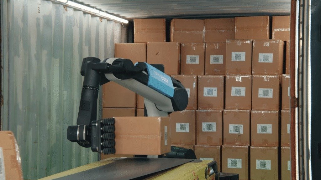 Stretch chwyta karton przy przenośniku w materiale o Hermes Fulfilment. Zdjęcie: Boston Dynamics.