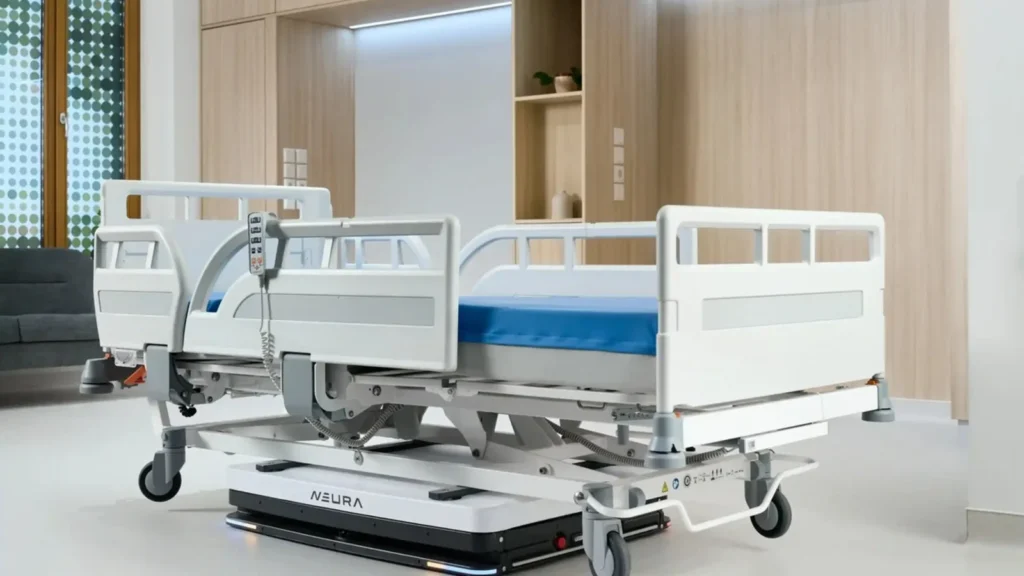 NEURA autonomous mobile platform transporting a hospital bed — official NEURA Robotics imagery