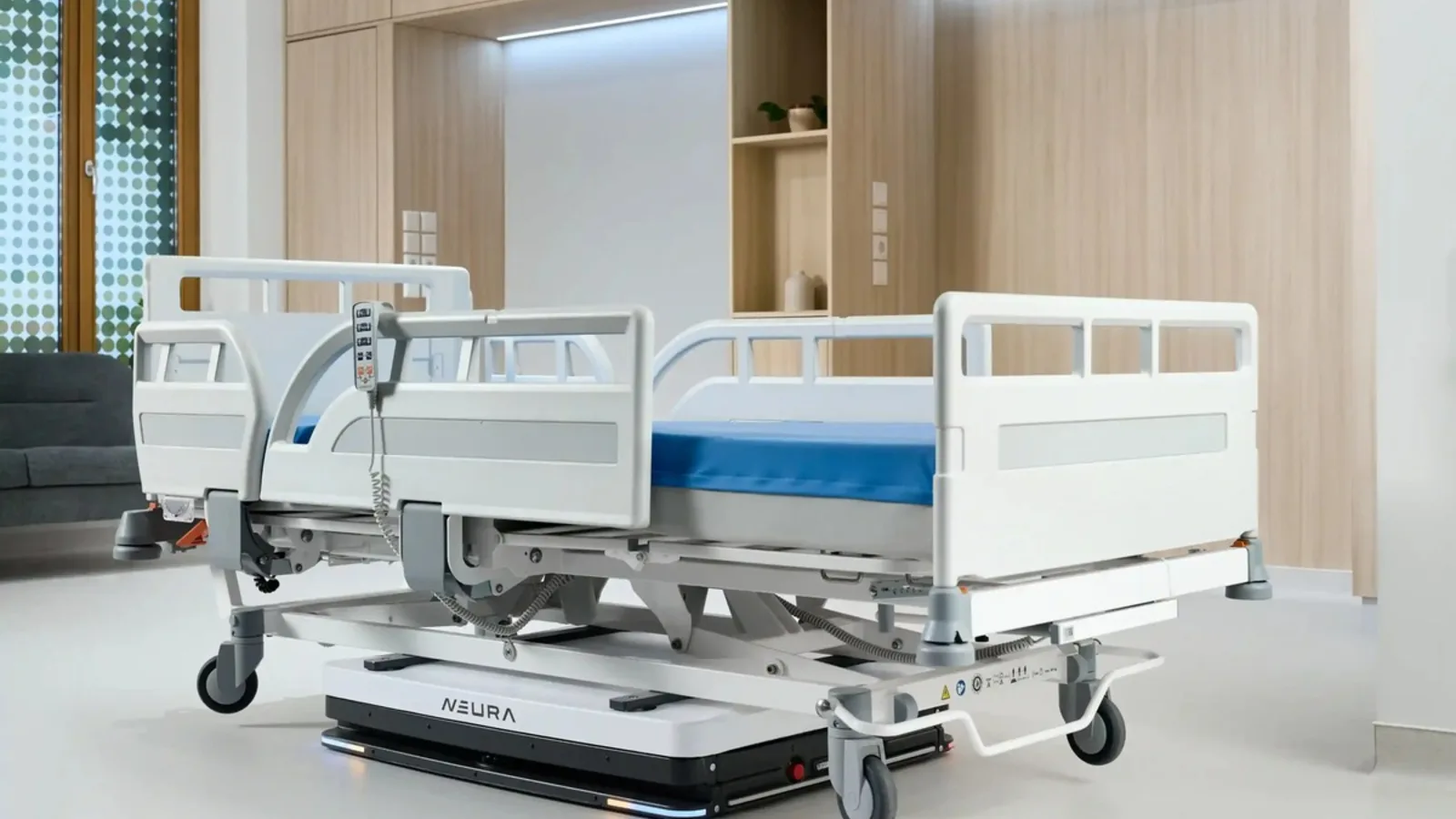 NEURA autonomous mobile platform transporting a hospital bed — official NEURA Robotics imagery