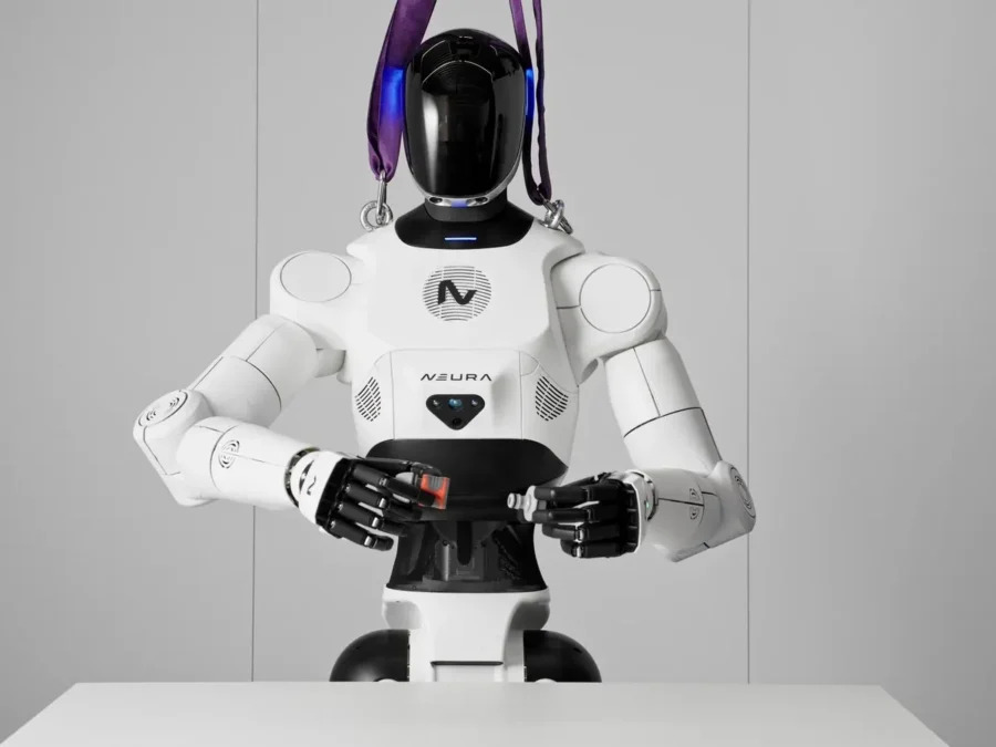 A NEURA humanoid at a table, supported by purple safety straps and holding components in its hands.