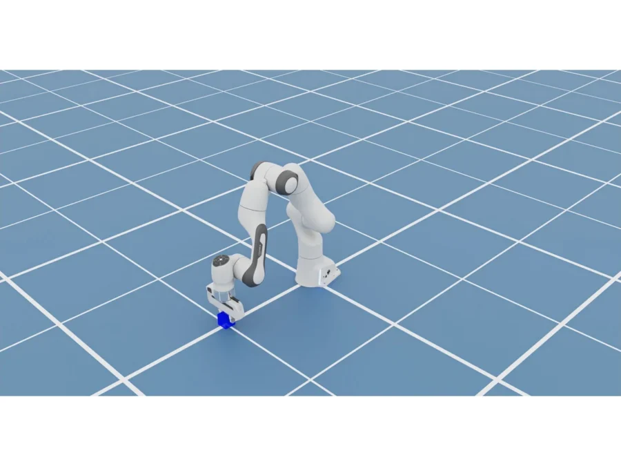Oficjalny obraz CoreWeave: ramię Franka w symulacji Isaac Sim. Symulacja, nie fizyczny test robota.